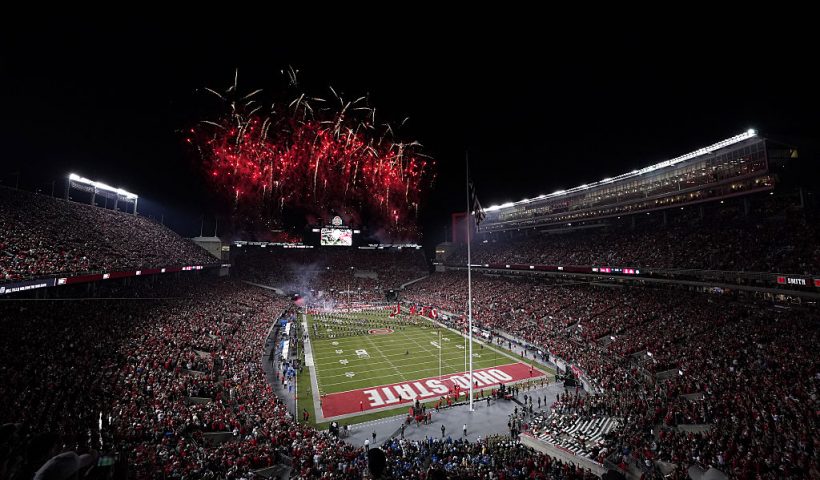 COLUMBUS, OHIO - NOVEMBER 15: General view of the Ohio State Buckeyes taking the field before the game against the UCLA Bruins at Ohio Stadium on November 15, 2025 in Columbus, Ohio. (Photo by Jason Mowry/Getty Images)