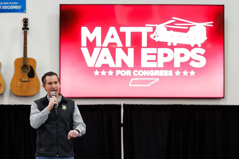 FRANKLIN, TENNESSEE - DECEMBER 1: Republican congressional candidate Matt Van Epps speaks during a get out the vote event on December 1, 2025 in Franklin, Tennessee. Tennessee's 7th congressional district special election is being held to fill the seat vacated following the resignation of Republican Mark Green. (Photo by Brett Carlsen/Getty Images)