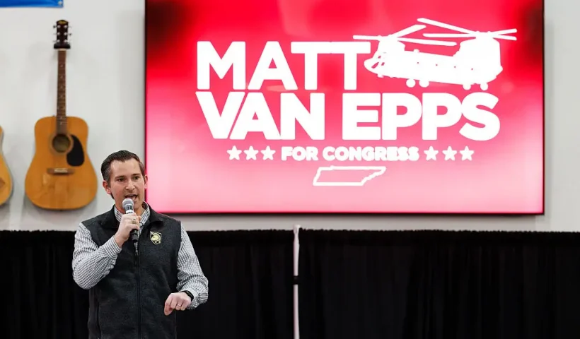 FRANKLIN, TENNESSEE - DECEMBER 1: Republican congressional candidate Matt Van Epps speaks during a get out the vote event on December 1, 2025 in Franklin, Tennessee. Tennessee's 7th congressional district special election is being held to fill the seat vacated following the resignation of Republican Mark Green. (Photo by Brett Carlsen/Getty Images)