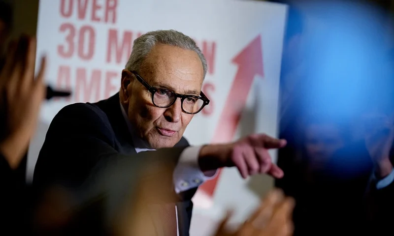 WASHINGTON, DC - DECEMBER 2: Senate Minority Leader Chuck Schumer (D-NY) takes a question from a reporter following a Democratic policy luncheon at the U.S. Capitol Building on December 2, 2025, in Washington, DC. Schumer focused his remarks on healthcare and took questions on boat strikes by the U.S. military in the Caribbean, security for elected officials, upcoming elections in the Senate and other topics. (Photo by Andrew Harnik/Getty Images)