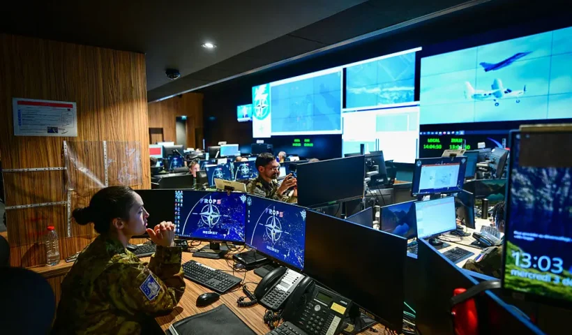 French soldiers take part in the 'Steadfast Dagger' exercise at the 'Centre Air de planification et de conduite des opérations et de défense aérienne' (CAPCODA) in the LyonMont Verdun Air Base (Base 942), northwest of Lyon, on December 3, 2025. The Steadfast Dagger exercise aims to certify France to take command of NATO's Allied Reaction Force (ARF) in July 2026. (Photo by OLIVIER CHASSIGNOLE / AFP via Getty Images)