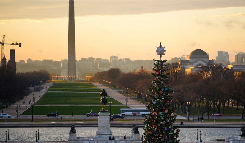 WASHINGTON, DC - DECEMBER 02: The U.S. Capitol Christmas Tree stands ahead of the Washington Monument prior to the Christmas Tree lighting ceremony at the West Front of the U.S. Capitol on December 02, 2025 in Washington, DC. This year’s tree, a 53-foot red fir from the Humboldt-Toiyabe National Forest, marks the first U.S. Capitol Christmas Tree from the state of Nevada. (Photo by Andrew Harnik/Getty Images)