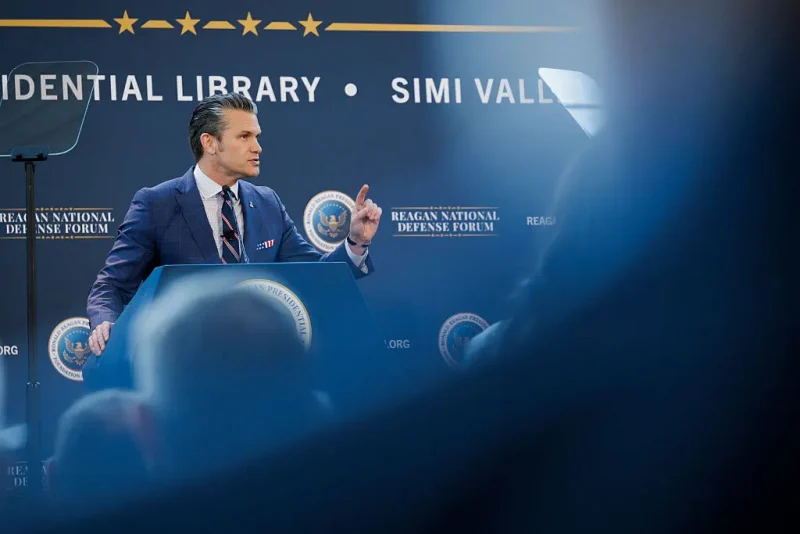 SIMI VALLEY, CALIFORNIA - DECEMBER 6: Secretary of War Pete Hegseth gives a speech at the Reagan National Defense Forum on December 6, 2025, at the Ronald Reagan Presidential Library in Simi Valley, California. Hegseth spoke about creating “peace through strength,” and emphasized the need to have a prepared military that would deter aggression from adversaries. (Photo by Caylo Seals/Getty Images)