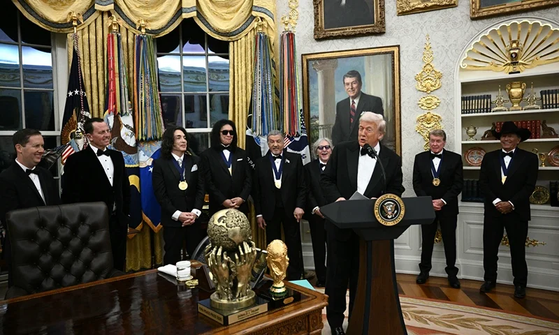 US President Donald Trump speaks during the Kennedy Centre Honours medal presentation ahead of tomorrow's ceremony, in the Oval Office of the White House in Washington, DC, December 6, 2025. (Photo by Brendan SMIALOWSKI / AFP via Getty Images)