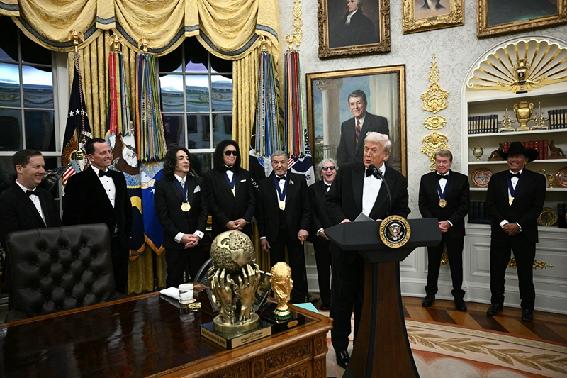 US President Donald Trump speaks during the Kennedy Centre Honours medal presentation ahead of tomorrow's ceremony, in the Oval Office of the White House in Washington, DC, December 6, 2025. (Photo by Brendan SMIALOWSKI / AFP via Getty Images)