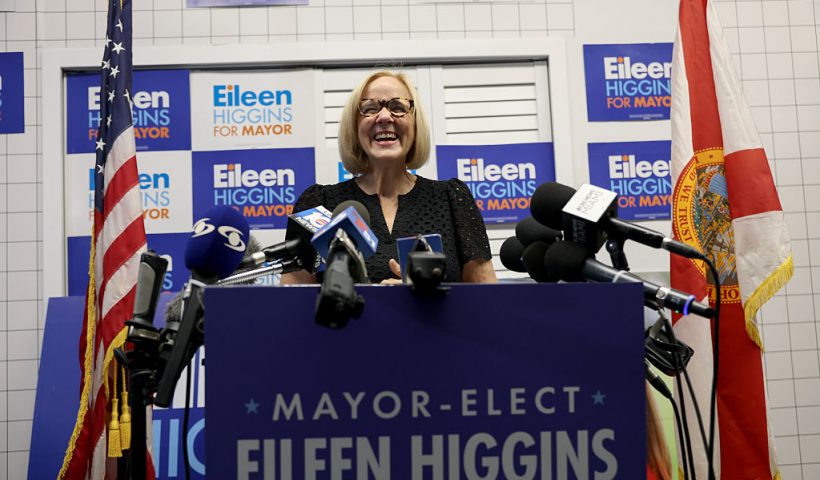 MIAMI, FLORIDA - DECEMBER 10: Miami Mayor-elect Eileen Higgins holds a press conference the day after winning the mayoral seat on December 10, 2025 in Miami, Florida. Higgins, a Democrat, beat her Republican challenger Emilio González, a former city manager endorsed by President Donald Trump, in a runoff election. The position of Mayor for the City of Miami is officially nonpartisan. (Photo by Joe Raedle/Getty Images)
