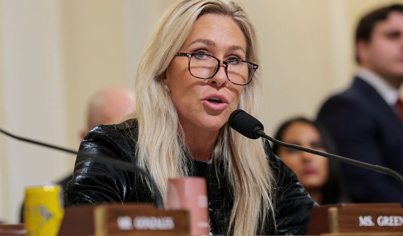 WASHINGTON, DC - DECEMBER 11: Rep. Marjorie Taylor Greene (R-GA) speaks during a hearing with the House Committee on Homeland Security in the Cannon House Office Building on December 11, 2025 in Washington, DC. The committee convened to hear testimony from top national security officials on potential worldwide threats. (Photo by Anna Moneymaker/Getty Images)