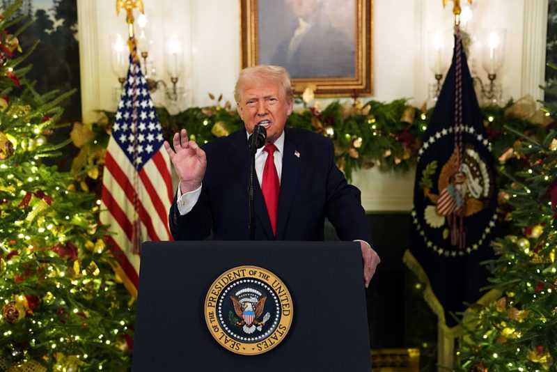WASHINGTON, DC - DECEMBER 17: U.S. President Donald Trump addresses the nation from the Diplomatic Room of the White House on December 17, 2025 in Washington, DC. White House press secretary Karoline Leavitt said Trump would be "addressing the country about all of his historic accomplishments over the past year, and maybe teasing some policy that will be coming in the new year, as well." (Photo by Doug Mills - Pool/Getty Images)