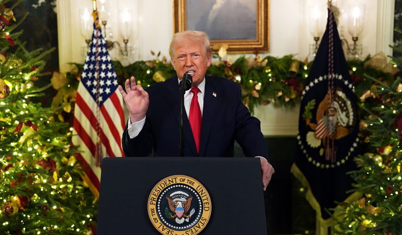 WASHINGTON, DC - DECEMBER 17: U.S. President Donald Trump addresses the nation from the Diplomatic Room of the White House on December 17, 2025 in Washington, DC. White House press secretary Karoline Leavitt said Trump would be "addressing the country about all of his historic accomplishments over the past year, and maybe teasing some policy that will be coming in the new year, as well." (Photo by Doug Mills - Pool/Getty Images)
