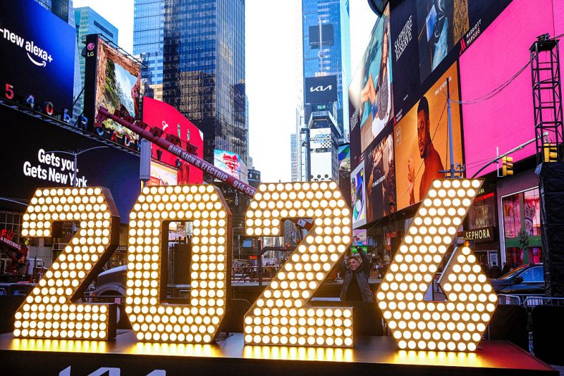 The 7-foot tall "2026" numerals are displayed after an illumination ceremony in Times Square on December 18, 2025 in New York City. The large numbers will be used during the New Year's Eve ball drop midnight countdown in New York. (Photo by CHARLY TRIBALLEAU / AFP via Getty Images)