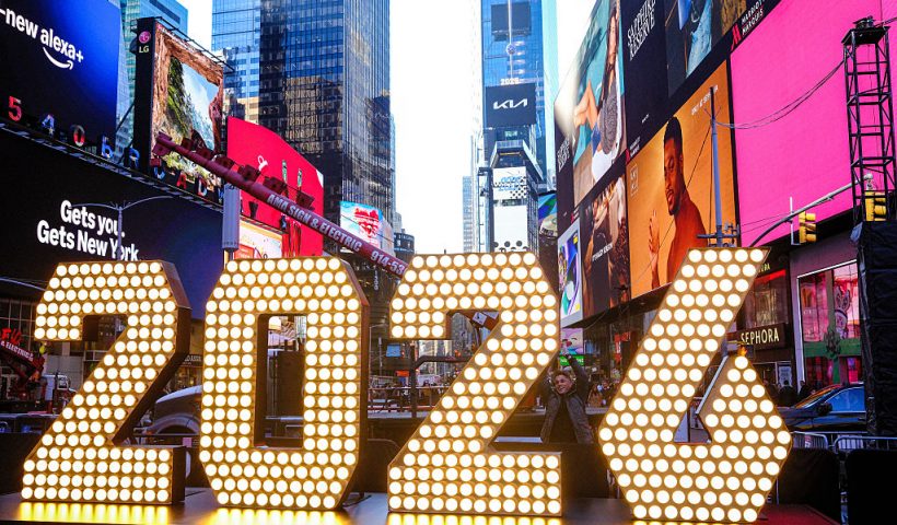 The 7-foot tall "2026" numerals are displayed after an illumination ceremony in Times Square on December 18, 2025 in New York City. The large numbers will be used during the New Year's Eve ball drop midnight countdown in New York. (Photo by CHARLY TRIBALLEAU / AFP via Getty Images)