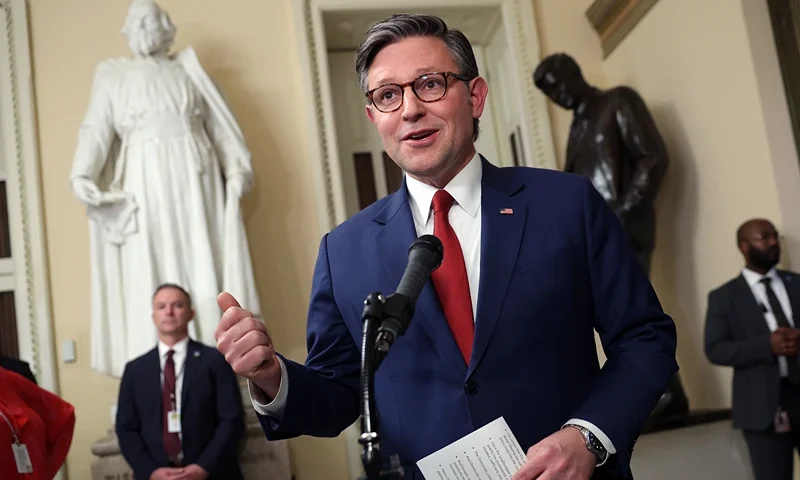 WASHINGTON, DC - DECEMBER 17: U.S. Speaker of the House Mike Johnson (R-LA) speaks to members of the media as he leaves the House Chamber at the U.S. Capitol on December 17, 2025 in Washington, DC. Four Republican Representatives join Democrats to sign a petition forcing a vote on legislation that will extend premium tax credits for the Affordable Care Act. (Photo by Kevin Dietsch/Getty Images)