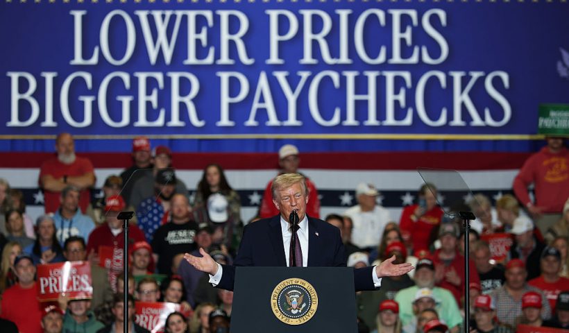 ROCKY MOUNT, NORTH CAROLINA - DECEMBER 19: U.S. President Donald Trump delivers remarks during a rally at the Rocky Mount Event Center on December 19, 2025 in Rocky Mount, North Carolina. Trump spoke on his plans to lower the cost of staples, including gas and health care, while blaming the Biden administration for the economic challenges inherited by his administration. (Photo by Tasos Katopodis/Getty Images)