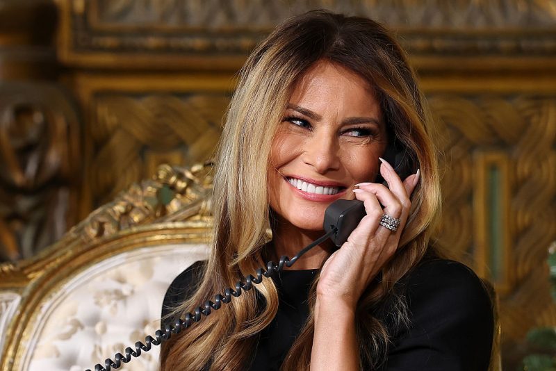 PALM BEACH, FLORIDA - DECEMBER 24: First lady Melania Trump calls children as she participates in tracking Santa Claus' movements with the North American Aerospace Defense Command (NORAD) Santa Tracker on Christmas Eve at the Mar-a-Lago resort on December 24, 2025 in Palm Beach, Florida. This is the 70th year that NORAD has publicly tracked Santa’s sleigh on its global rounds. (Photo by Tasos Katopodis/Getty Images)