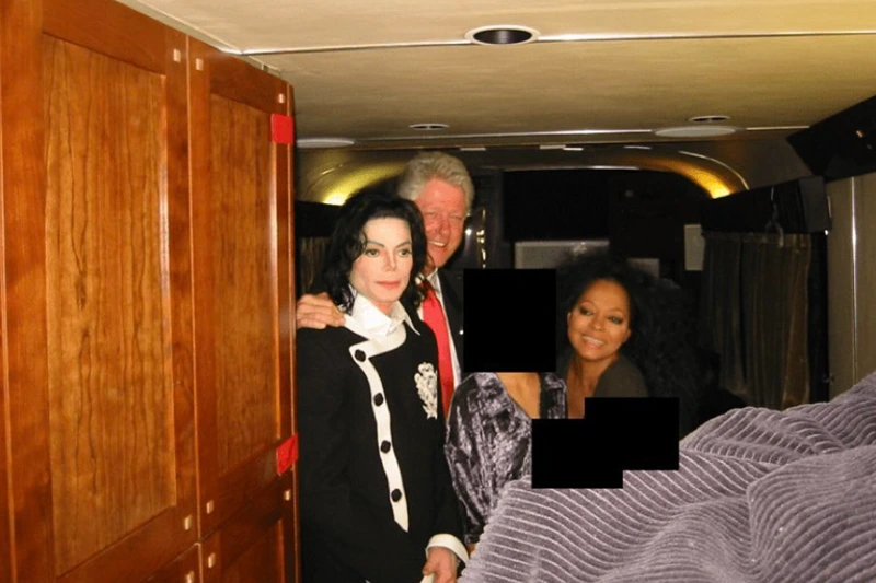 Newly released images from DOJ of Michael Jackson, former President Bill Clinton, and Diana Ross alongside redacted individuals