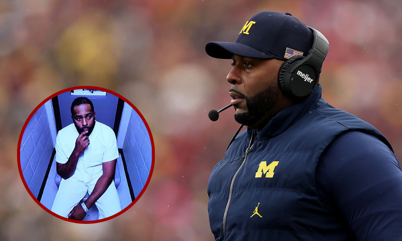(Background) Head coach Sherrone Moore of the Michigan Wolverines reacts against the Ohio State Buckeyes at Michigan Stadium in Ann Arbor, Michigan. (Photo by Luke Hales/Getty Images) (L) Former head football coach Sherrone Moore of the University of Michigan appears via video during his arraignment hearing at Washtenaw County 14A-1 District Court in Ann Arbor, Michigan. Moore was taken into custody Wednesday as a suspect in an alleged assault and faces charges of home invasion, stalking, and breaking and entering. (Photo by Ryan Sun-Pool/Getty Images)