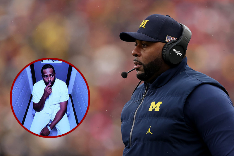 (Background) Head coach Sherrone Moore of the Michigan Wolverines reacts against the Ohio State Buckeyes at Michigan Stadium in Ann Arbor, Michigan. (Photo by Luke Hales/Getty Images) (L) Former head football coach Sherrone Moore of the University of Michigan appears via video during his arraignment hearing at Washtenaw County 14A-1 District Court in Ann Arbor, Michigan. Moore was taken into custody Wednesday as a suspect in an alleged assault and faces charges of home invasion, stalking, and breaking and entering. (Photo by Ryan Sun-Pool/Getty Images)