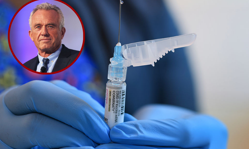 (L)Democratic Presidential Candidate Robert F. Kennedy Jr. listens as he is introduced by Rabbi Shmuley Boteach during the World Values Network's Presidential candidate series at the Glasshouse in New York City. Kennedy Jr., who is running a longshot primary campaign against President Joe Biden, joined Rabbi Shmuley Boteach to discuss fighting antisemitism and the championing of Israel. Kennedy has faced backlash for his stances on vaccines, most recently for comments he made suggesting that the coronavirus (COVID-19) disease could have been “targeted to attack Caucasians and Black people,” while sparing Jewish and Chinese people. He has denied allegations of racism and antisemitism. (Photo by Michael M. Santiago/Getty Images) (Background) In this photo illustration, Ruth Jones, Immunization Nurse, holds a Pfizer-BioNTech COVID-19 vaccine (brand name: Comirnaty) at Borinquen Health Care Center in Miami, Florida. Health Secretary Robert F. Kennedy Jr. announced that he will no longer recommend that healthy children and pregnant people get COVID-19 shots. (Photo illustration by Joe Raedle/Getty Images)