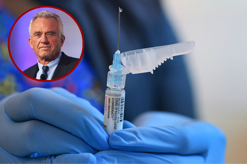 (L)Democratic Presidential Candidate Robert F. Kennedy Jr. listens as he is introduced by Rabbi Shmuley Boteach during the World Values Network's Presidential candidate series at the Glasshouse in New York City. Kennedy Jr., who is running a longshot primary campaign against President Joe Biden, joined Rabbi Shmuley Boteach to discuss fighting antisemitism and the championing of Israel. Kennedy has faced backlash for his stances on vaccines, most recently for comments he made suggesting that the coronavirus (COVID-19) disease could have been “targeted to attack Caucasians and Black people,” while sparing Jewish and Chinese people. He has denied allegations of racism and antisemitism. (Photo by Michael M. Santiago/Getty Images) (Background) In this photo illustration, Ruth Jones, Immunization Nurse, holds a Pfizer-BioNTech COVID-19 vaccine (brand name: Comirnaty) at Borinquen Health Care Center in Miami, Florida. Health Secretary Robert F. Kennedy Jr. announced that he will no longer recommend that healthy children and pregnant people get COVID-19 shots. (Photo illustration by Joe Raedle/Getty Images)