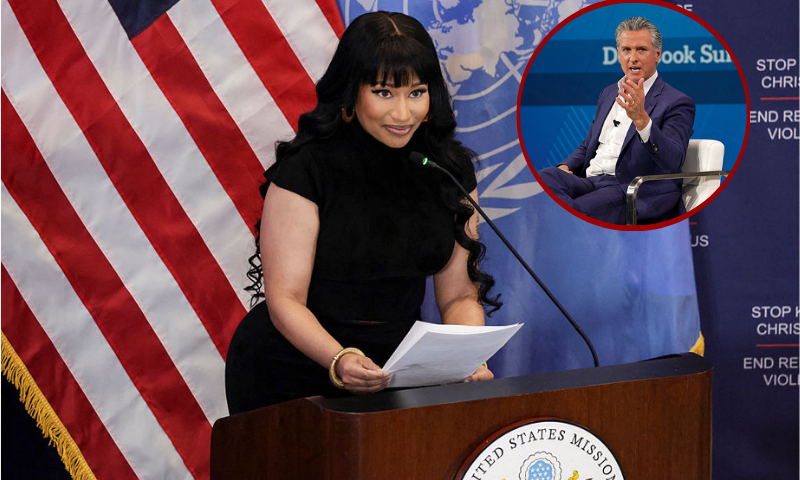 (L) Governor of California Gavin Newsom speak onstage during The New York Times DealBook Summit 2025 at Jazz at Lincoln Center in New York City. (Photo by David Dee Delgado/Getty Images for The New York Times)/ (Background) Trinidadian-US rapper Nicki Minaj speaks during the panel discussion "Combatting Religious Violence and the Killing of Christians in Nigeria" at the US Mission to the United Nations in New York City. (Photo by ANGELA WEISS / AFP) (Photo by ANGELA WEISS/AFP via Getty Images)