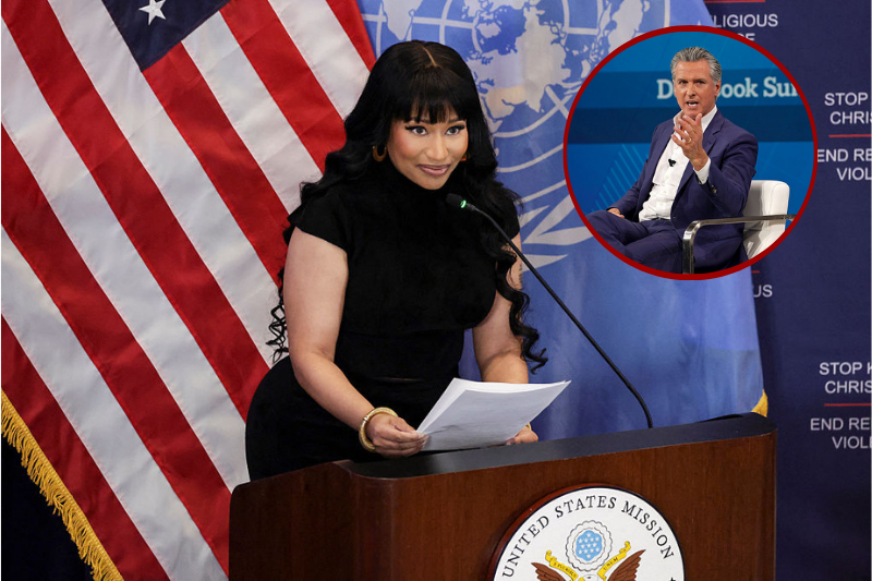 (L) Governor of California Gavin Newsom speak onstage during The New York Times DealBook Summit 2025 at Jazz at Lincoln Center in New York City. (Photo by David Dee Delgado/Getty Images for The New York Times)/ (Background) Trinidadian-US rapper Nicki Minaj speaks during the panel discussion "Combatting Religious Violence and the Killing of Christians in Nigeria" at the US Mission to the United Nations in New York City. (Photo by ANGELA WEISS / AFP) (Photo by ANGELA WEISS/AFP via Getty Images)