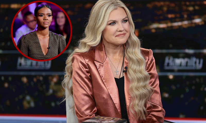 (L)Candace Owens is seen on set of "Candace" in Nashville, Tennessee.(Photo by Jason Davis/Getty Images) / (Background) Erika Kirk discusses the newly released book "Stop, In The Name of God: Why Honoring The Sabbath Will Transform Your Life" on "Hannity" at Fox News Channel Studios in New York City. (Photo by Dimitrios Kambouris/Getty Images)