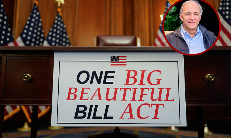 (R)Ray Dalio is interviewed by host Nicole Lapin on the "Money Rehab" podcast on May 15, 2025 in New York City. (Photo by Roy Rochlin/Getty Images for Nicole Lapin) / (Background) A sign that reads "One Big Beautiful Bill Act" is seen by a desk after the the House of Representatives passed the US President Donald Trump's tax bill at the US Capitol in Washington, DC, on July 3, 2025. Congress passed the "One Big Beautiful Bill," despite misgivings in his party over a text that would balloon the national debt and launch a historic assault on the social safety net. (Photo by Alex WROBLEWSKI / AFP) (Photo by ALEX WROBLEWSKI/AFP via Getty Images)