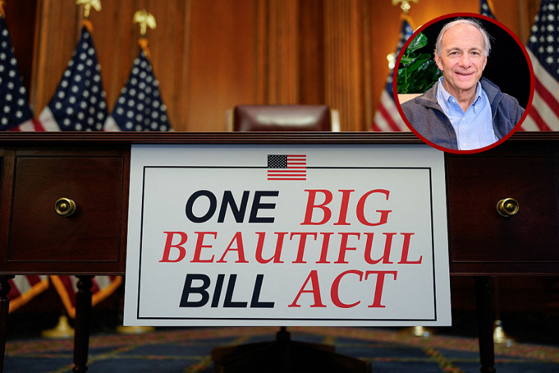 (R)Ray Dalio is interviewed by host Nicole Lapin on the "Money Rehab" podcast on May 15, 2025 in New York City. (Photo by Roy Rochlin/Getty Images for Nicole Lapin) / (Background) A sign that reads "One Big Beautiful Bill Act" is seen by a desk after the the House of Representatives passed the US President Donald Trump's tax bill at the US Capitol in Washington, DC, on July 3, 2025. Congress passed the "One Big Beautiful Bill," despite misgivings in his party over a text that would balloon the national debt and launch a historic assault on the social safety net. (Photo by Alex WROBLEWSKI / AFP) (Photo by ALEX WROBLEWSKI/AFP via Getty Images)
