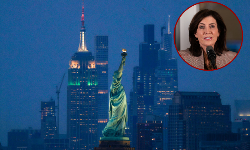 (L) New York Governor Kathy Hochul speaks during a press conference to announce new subway safety measures at NYCTA Rail Control Center on March 6, 2024 in New York City. Hochul announced that 1,000 New York State Police, MTAPD and the New York National Guard will be used to support the NYPD in conducting bag checks. (Photo by Adam Gray/Getty Images) / (Background) The iconic Empire State Building (L) stands out on the Manhattan skyline with The Statue of Liberty in the foreground, seen at night from Bayonne, New Jersey, on August 15, 2024. (Photo by Charly TRIBALLEAU / AFP) (Photo by CHARLY TRIBALLEAU/AFP via Getty Images)