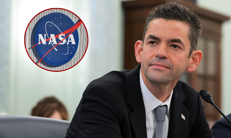 (L) The NASA logo is displayed at NASA’s Jet Propulsion Laboratory on October 15, 2025 in La Cañada Flintridge, California. Around 550 people, or over ten percent of the famed lab’s workforce, are being laid off as part of an ongoing reorganization following two rounds of large layoffs last year. Layoffs at the laboratory, which is funded by NASA and managed by CalTech, are not related to the federal government shutdown. (Photo by Mario Tama/Getty Images) / (Background) WASHINGTON, DC - DECEMBER 03: Jared Isaacman, U.S. President Donald Trump's nominee to be National Aeronautics and Space Administration (NASA) Administrator, testifies during his confirmation hearing in the Russell Senate Office Building on Capitol Hill on December 3, 2025 in Washington, DC. Isaacman, a billionaire entrepreneur and close associate of SpaceX CEO Elon Musk, faces a rare second confirmation hearing before the Senate Commerce, Science and Transportation Committee. (Photo by Anna Moneymaker/Getty Images)