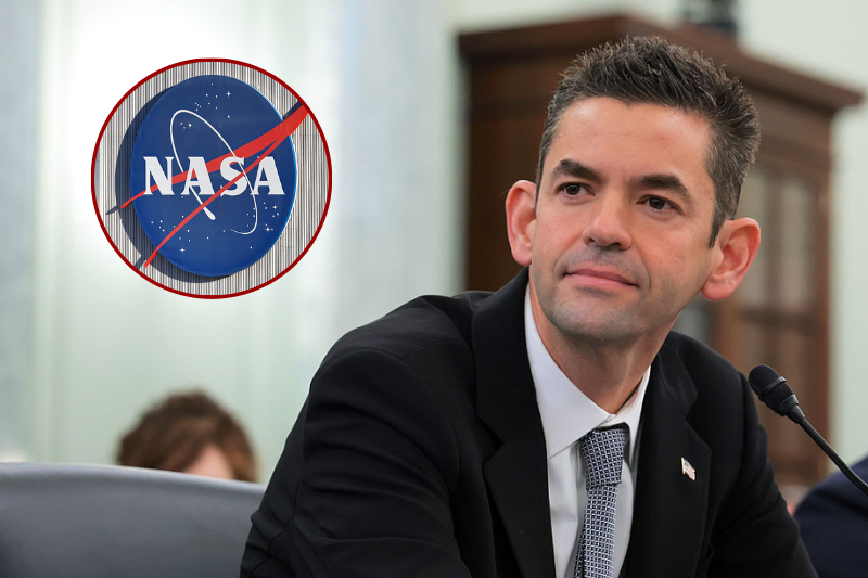 (L) The NASA logo is displayed at NASA’s Jet Propulsion Laboratory on October 15, 2025 in La Cañada Flintridge, California. Around 550 people, or over ten percent of the famed lab’s workforce, are being laid off as part of an ongoing reorganization following two rounds of large layoffs last year. Layoffs at the laboratory, which is funded by NASA and managed by CalTech, are not related to the federal government shutdown. (Photo by Mario Tama/Getty Images) / (Background) WASHINGTON, DC - DECEMBER 03: Jared Isaacman, U.S. President Donald Trump's nominee to be National Aeronautics and Space Administration (NASA) Administrator, testifies during his confirmation hearing in the Russell Senate Office Building on Capitol Hill on December 3, 2025 in Washington, DC. Isaacman, a billionaire entrepreneur and close associate of SpaceX CEO Elon Musk, faces a rare second confirmation hearing before the Senate Commerce, Science and Transportation Committee. (Photo by Anna Moneymaker/Getty Images)
