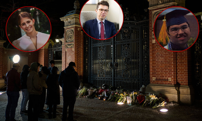 (L)Candles are lit by a framed photo of mass shooting victim Ella Cook at a makeshift memorial near Brown University in Providence, Rhode Island. (Photo by Bing Guan / AFP via Getty Images) / (Top) a photograph posted onto X portraits Nuno F.G. Loureiro, a physics professor at the Massachusetts Institute of Technology(MIT) who was shot at his home near Boston.(Photo: Yahoo News on X) / (R) Candles are lit by a framed photo of mass shooting victim Mukhammad Aziz Amurzokov at a makeshift memorial near Brown University in Providence, Rhode Island.(Photo by Bing Guan / AFP via Getty Images) / (Background) Brown University students and community members take a moment at a makeshift memorial for the victims of a mass shooting at the Van Winkle Gates outside Brown's college campus in Providence, Rhode Island. (Photo by Bing Guan / AFP via Getty Images)