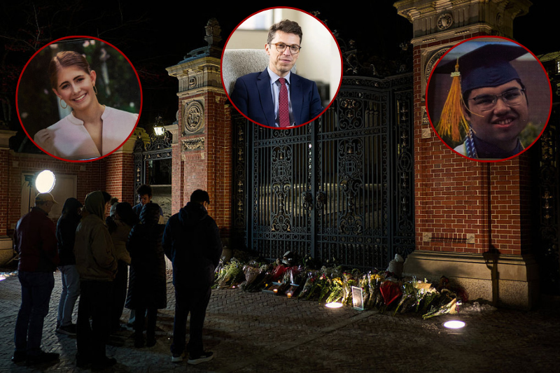 (L)Candles are lit by a framed photo of mass shooting victim Ella Cook at a makeshift memorial near Brown University in Providence, Rhode Island. (Photo by Bing Guan / AFP via Getty Images) / (Top) a photograph posted onto X portraits Nuno F.G. Loureiro, a physics professor at the Massachusetts Institute of Technology(MIT) who was shot at his home near Boston.(Photo: Yahoo News on X) / (R) Candles are lit by a framed photo of mass shooting victim Mukhammad Aziz Amurzokov at a makeshift memorial near Brown University in Providence, Rhode Island.(Photo by Bing Guan / AFP via Getty Images) / (Background) Brown University students and community members take a moment at a makeshift memorial for the victims of a mass shooting at the Van Winkle Gates outside Brown's college campus in Providence, Rhode Island. (Photo by Bing Guan / AFP via Getty Images)