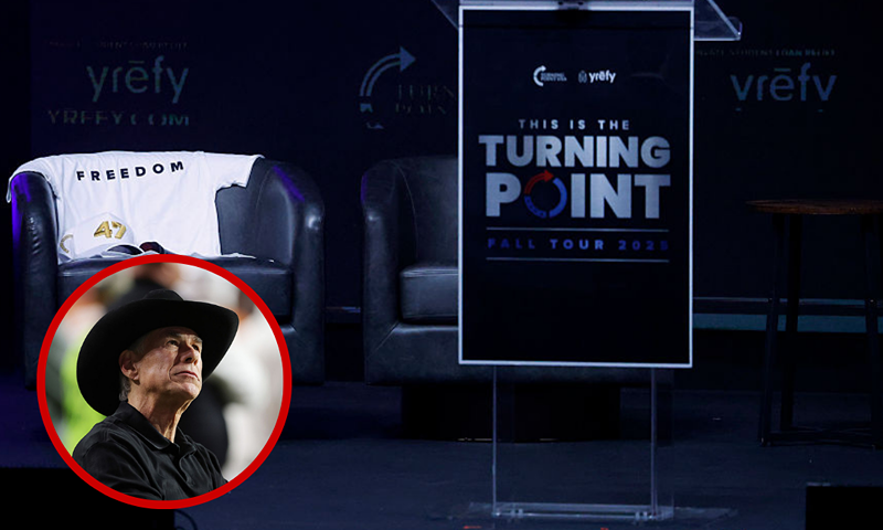 (L)Texas Governor Greg Abbott looks on from the sidelines during the third quarter of a game between the Texas A&M Aggies and the Texas Longhorns at Darrell K Royal-Texas (Background)Memorial Stadium in Austin, Texas. (Photo by Alex Slitz/Getty Images) A chair with a shirt and hat honoring the late Charlie Kirk is seen on stage during a Turning Point USA event at the University of California, Berkeley (UC Berkeley) in Berkeley, California. Two months after Turning Point USA founder Charlie Kirk was killed, the tour made a stop in California at UC Berkeley. (Photo by Justin Sullivan/Getty Images)