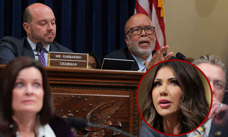 (B) Ranking Member of the House Committee on Homeland Security U.S. Rep. Bennie Thompson (D-MS) questions Secretary of Homeland Security Kristi Noem, alongside Chairman Rep. Andrew Garbarino (R-NY) (L) and fellow committee members, during a hearing in the Cannon House Office Building on December 11, 2025 in Washington, DC. The committee convened to hear testimony from top national security officials on potential worldwide threats. (Photo by Anna Moneymaker/Getty Images) (R) U.S. Secretary of Homeland Security Kristi Noem testifies before the House Committee on Homeland Security in the Cannon House Office Building on December 11, 2025 in Washington, DC. The committee convened to hear testimony from top national security officials on potential worldwide threats. (Photo by Anna Moneymaker/Getty Images)