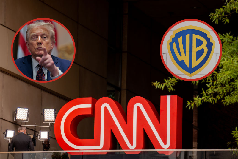 (L) U.S. President Donald Trump calls on a reporter during a cabinet meeting with members of his administration in the Cabinet Room of the White House on August 26, 2025 in Washington, DC.(Photo by Chip Somodevilla/Getty Images) (M) The CNN logo is seen outside of their studios at the Turner Entertainment Network. in Atlanta, Georgia.(Photo by Andrew Harnik/Getty Images) (L) The Warner Bros. logo is displayed on a water tower at Warner Bros. Studio on September 12, 2025 in Burbank, California. Media giant Paramount Skydance is reportedly preparing a bid to purchase Warner Bros. Discovery, including its movie studio and cable networks. (Photo by Mario Tama/Getty Images)