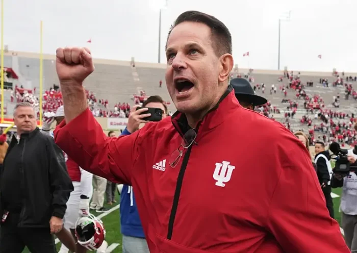 Indiana head coach Curt Cignetti shouts to the fans as he leaves the field following an NCAA college football game against UCLA, Saturday, Oct. 25, 2025, in Bloomington, Ind. (AP Photo/Darron Cummings, File)
