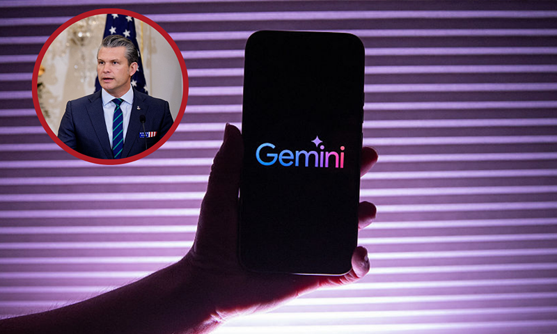 (L)Secretary of War Pete Hegseth (R), accompanied by Secretary of State Marco Rubio, speaks during a news conference with their Australian counterparts at the State Department on December 8, 2025 in Washington, DC. The U.S. State Department is hosting the 35th Australia-United States Ministerial Consultations. (Photo by Andrew Harnik/Getty Images) (R)A person holds a telephone displaying Google s Gemini artificial intelligence logo in front of a purple lit background at Kerlouan in Brittany in France on June 07 2025. (Photo by Vincent Feuray / Hans Lucas via AFP) (Photo by VINCENT FEURAY/Hans Lucas/AFP via Getty Images)