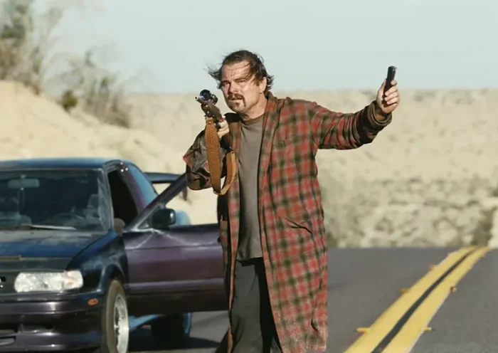 Leonardo DiCaprio in a scene from “One Battle After Another.” (Warner Bros. Pictures via AP)