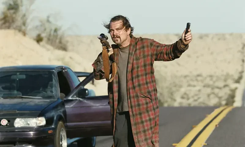 Leonardo DiCaprio in a scene from “One Battle After Another.” (Warner Bros. Pictures via AP)