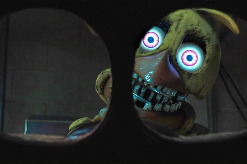 A Withered Chica in a scene from “Five Nights at Freddy’s 2.” (Ryan Green/Universal Pictures via AP)