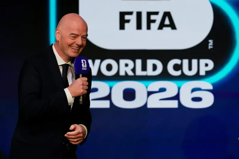 FIFA President Gianni Infantino speaks during the match schedule reveal for the 2026 soccer World Cup in Washington, Saturday, Dec. 6, 2025. (AP Photo/Chris Carlson)