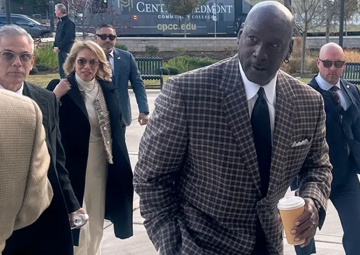 Michael Jordan arrives in the Western District of North Carolina on Monday Dec 1, 2025 for the start of the antitrust trial between 23XI Racing and Front Row Motorsports against NASCAR, in Charlotte, N.C. (AP Photo/Jenna Fryer)