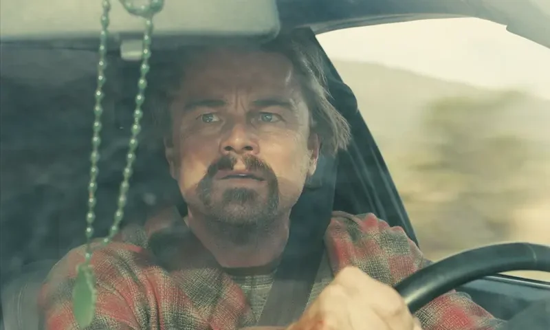 This image released by Warner Bros. Pictures shows Leonardo DiCaprio in a scene from “One Battle After Another.” (Warner Bros. Pictures via AP)