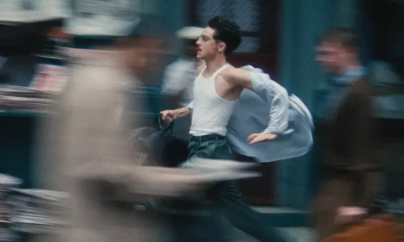 This image released by A24 shows Timothée Chalamet in a scene from “Marty Supreme.” (A24 via AP)