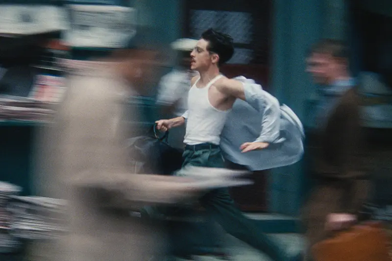 This image released by A24 shows Timothée Chalamet in a scene from “Marty Supreme.” (A24 via AP)