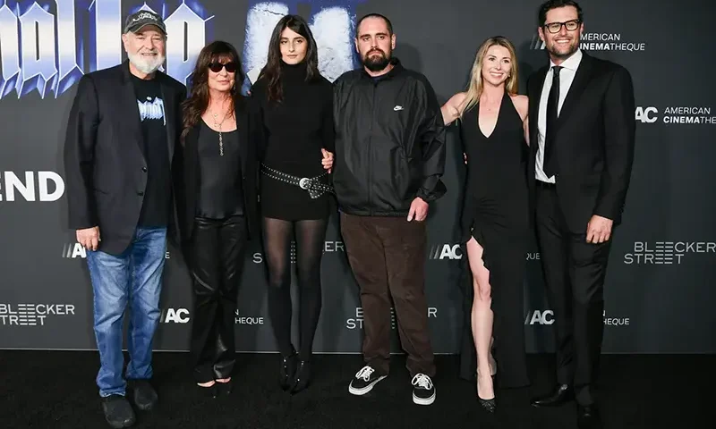 Rob Reiner, from left, Michele Singer Reiner, Romy Reiner, Nick Reiner, Maria Gilfillan, and Jake Reiner arrive at the premiere of “Spinal Tap II: The End Continues” on Tuesday, Sept. 9, 2025, at The Egyptian Theatre Hollywood in Los Angeles. (Photo by Richard Shotwell/Invision/AP)