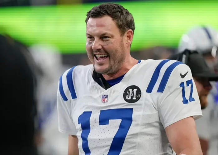 Indianapolis Colts quarterback Philip Rivers reacts during the second half of an NFL football game against the Seattle Seahawks, Sunday, Dec. 14, 2025, in Seattle. (AP Photo/Stephen Brashear)