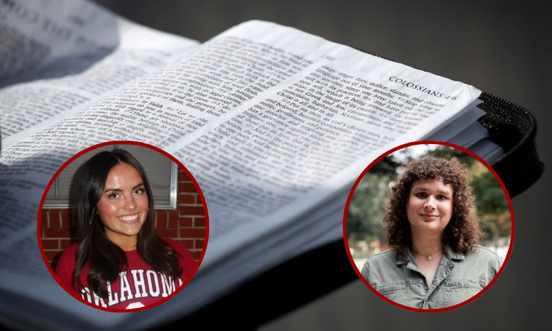 (Background) A man reads scripture from the Bible in the U.S. Capitol Rotunda, February 28, 2018, in Washington, D.C. (Photo by Win McNamee/Getty Images) / (L) Samantha Fulnecky (Turning Point USA; X) / (R) Mel Curth. (Photo via: University of Oklahoma)