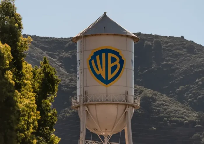 The Warner Bros. water tower is seen at Warner Bros. Studios in Burbank, Calif., Friday, Dec. 5, 2025. (AP Photo/Jae C. Hong)